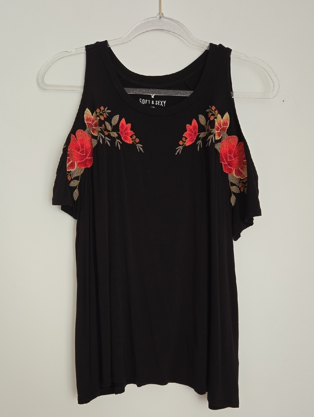 Black Floral Embroidered Cold Shoulder Top Size XL